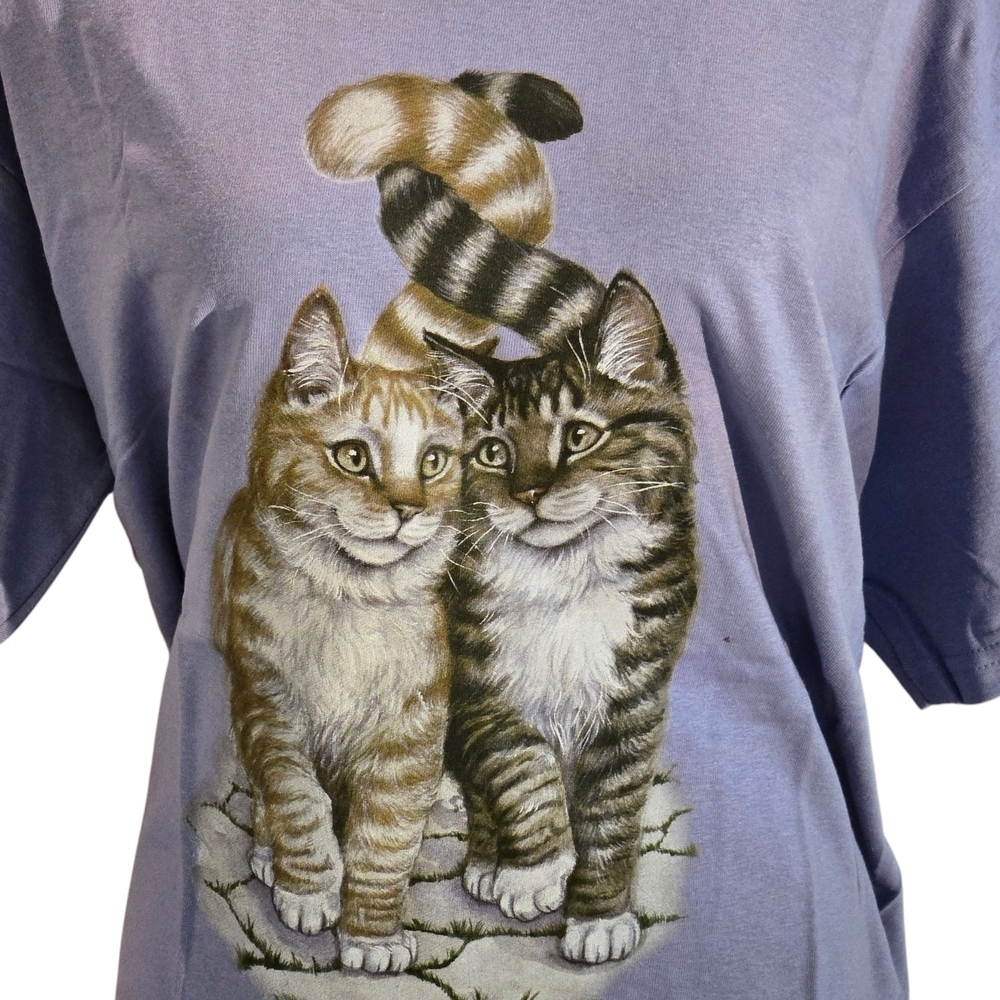 Gildan Lavender and Gray Cat Graphic T-Shirt Short Sleeve Women size L NWT